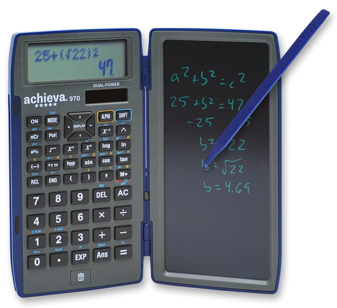 Achieva Scientific Calculator with Erasable LCD Writing Tablet | 2-Line Display | Dual Solar & Battery Power | for Students in Middle School, High School (970)