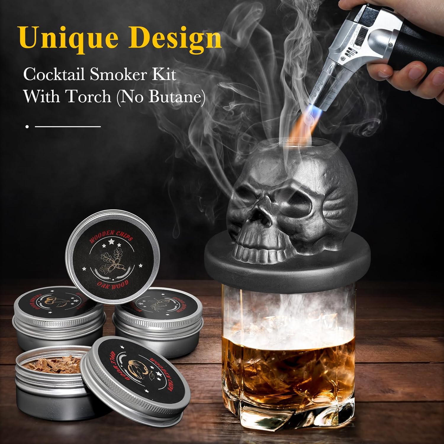 Cocktail Smoker Kit with Torch & 4 Flavors Wood Smoker Chips, iTayga Ceramics Whiskey Smoker Kit for Cocktails, Whiskey, Drinks, Bourbon - Unique Gifts for Men/Father/Husband/Friends(No Butane) -Black