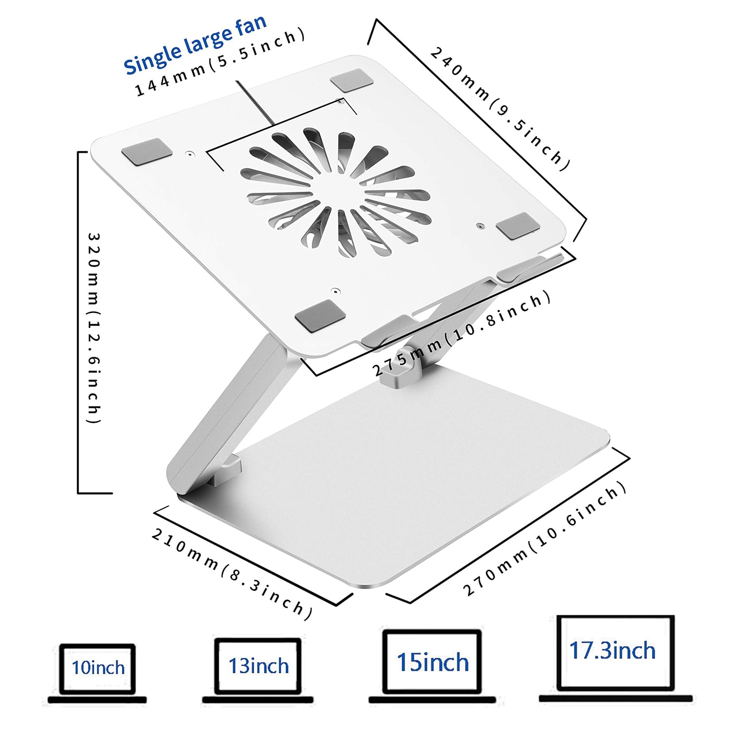 SOUNDANCE Laptop Cooling Pad with Low-Noise Fan and 3.0 USB Hubs, Ventilated Laptop Cooler Prevent Overheating, Ergonomic Laptop Stand Support Up to 17” Gaming Notebook Computer, Aluminum