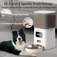 JFISHION Automatic Cat Feeder, Dual Power Supply, 6L Large Capacity, Dual Notification System, Custom Voice Recorder, Secure Lid Lock, Suitable for Dry Food, Stainless Steel