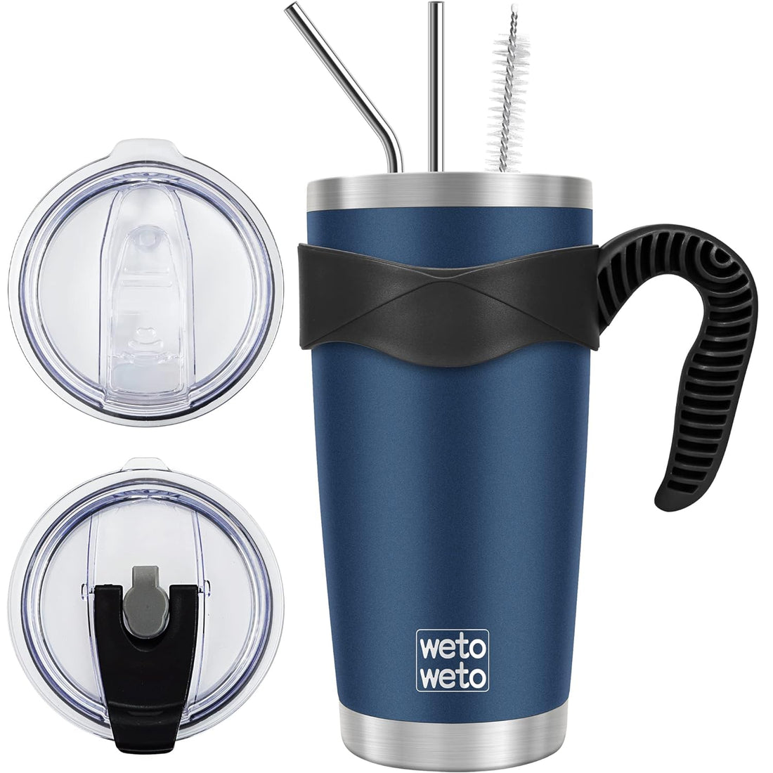 WETOWETO 20oz Tumbler with 2 lids and 2 straws, Stainless Steel Vacuum Insulated Water Coffee Tumbler Cup with Handle, Double Wall Powder Coated Spill-Proof Travel Mug Thermal Cup (Navy Blue, 1 Pack)