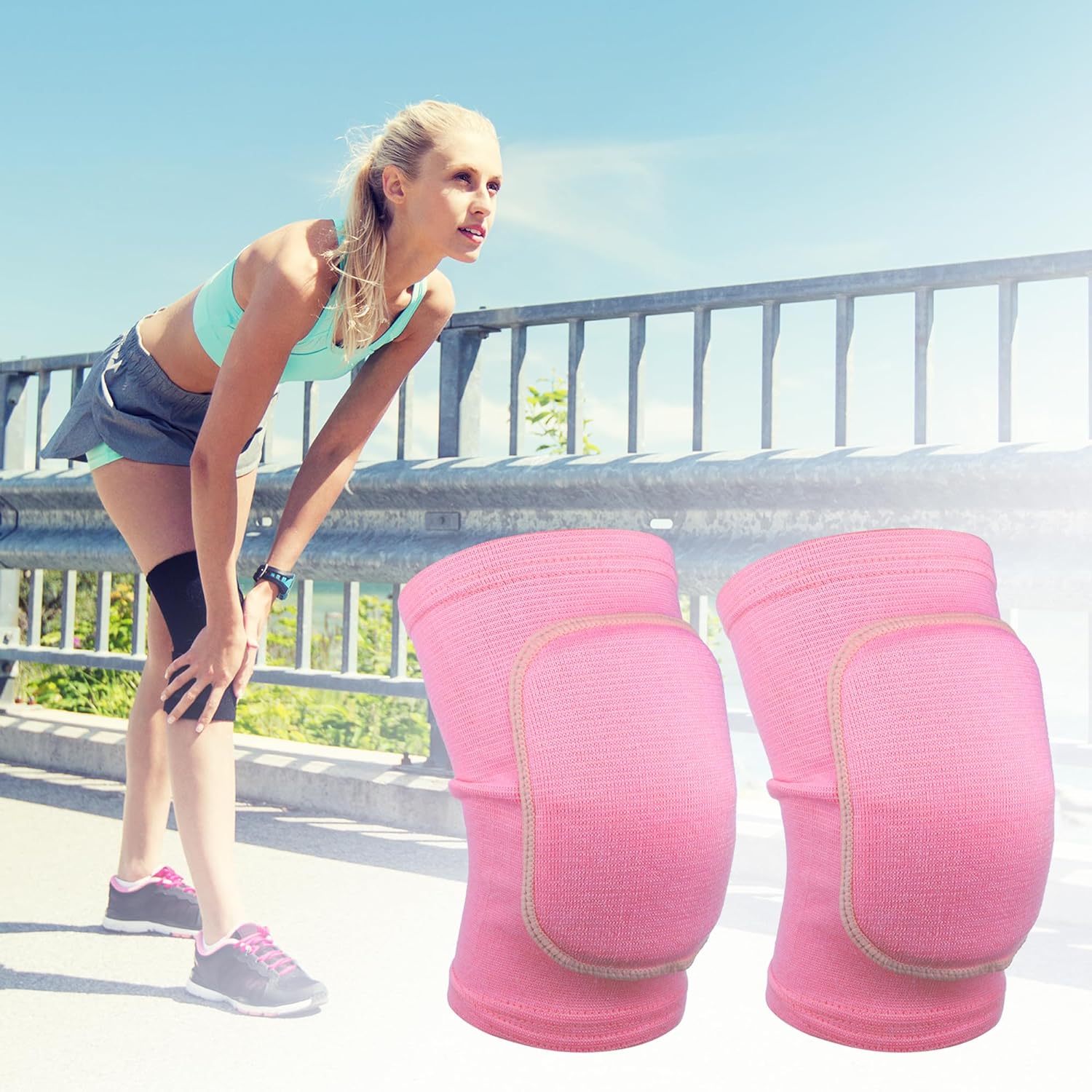 VOCOSTE 1 Pair Sporting Protective Knee Pad, Breathable Flexible Knee Support Compression Sleeve Brace, for Football Volleyball, Sponge, Pink Size S
