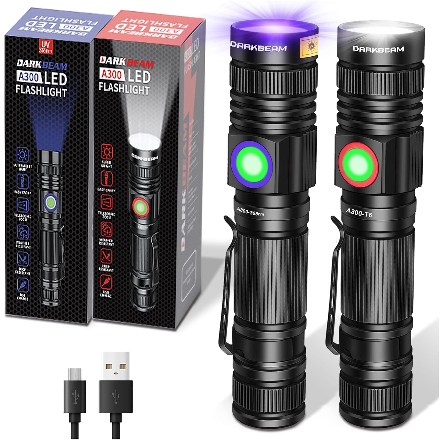 uv Flashlight Black Light LED 395nm Rechargeable Ultraviolet Handheld Flashlights Zoomablle 365nm Double Lamp Blacklight