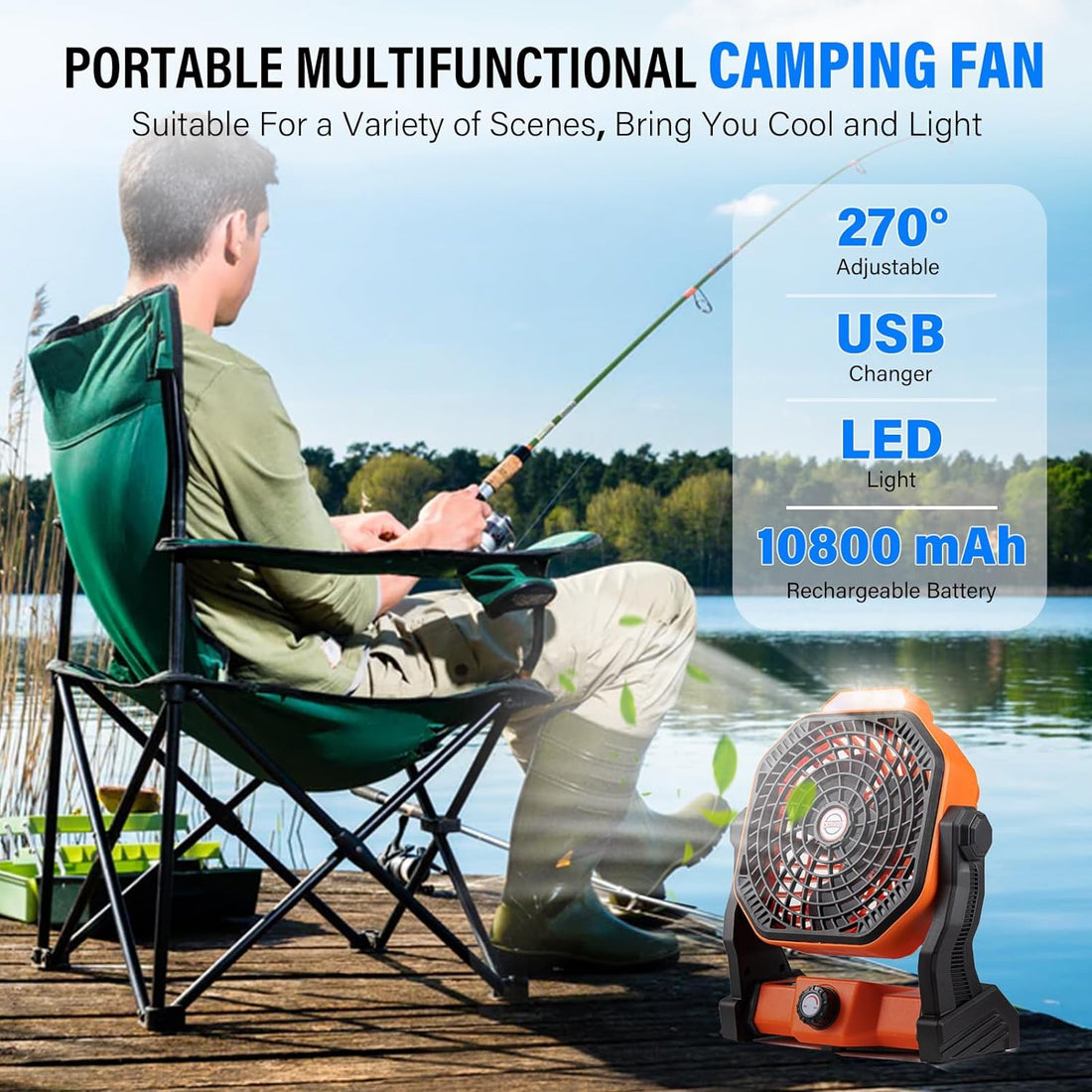 Camping LED Fan with Light，10-Inch Rechargeable Outdoor Tent Fan, Head Rotation, Stepless Speed and USB Fan for Picnic, Barbecue, Fishing, Worksite