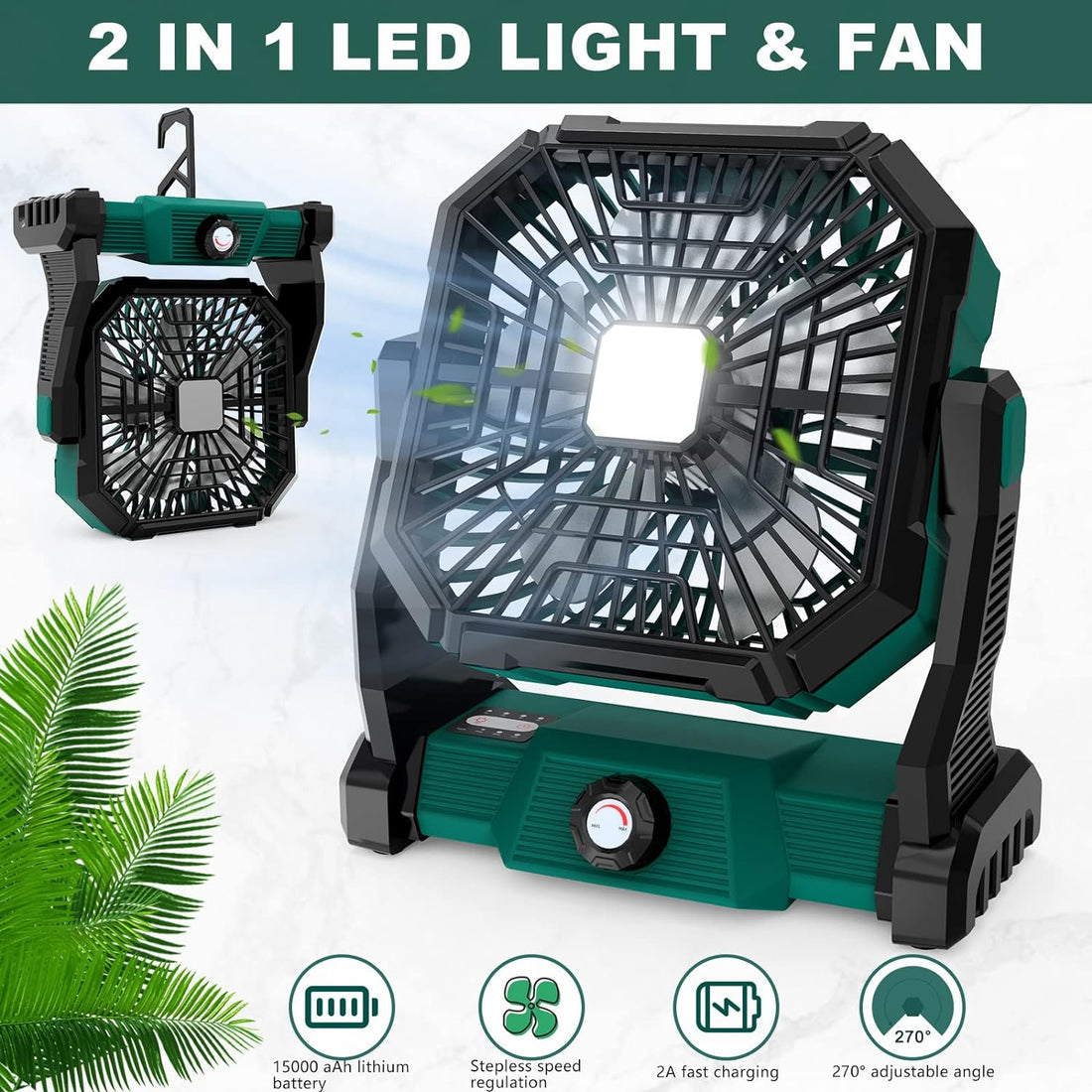 15000mAh Rechargeable Camping Fan with LED Lantern, 270° Pivot, and Hook - Battery Operated Outdoor Tent Fan with Light and USB Desk Fan Ideal for Camping, Fishing, and Power Outages
