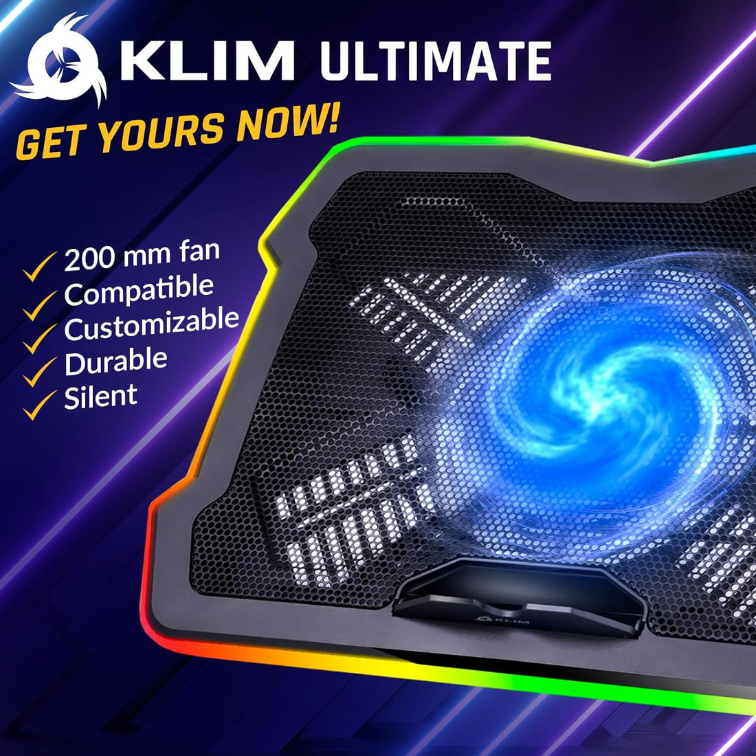 KLIM Ultimate + RGB Laptop Cooling Pad with LED Rim + Gaming Laptop Cooler + USB Powered Fan + Very Stable and Silent Laptop Stand + Compatible up to 17" + for PC Mac PS4 Xbox One + New 2022
