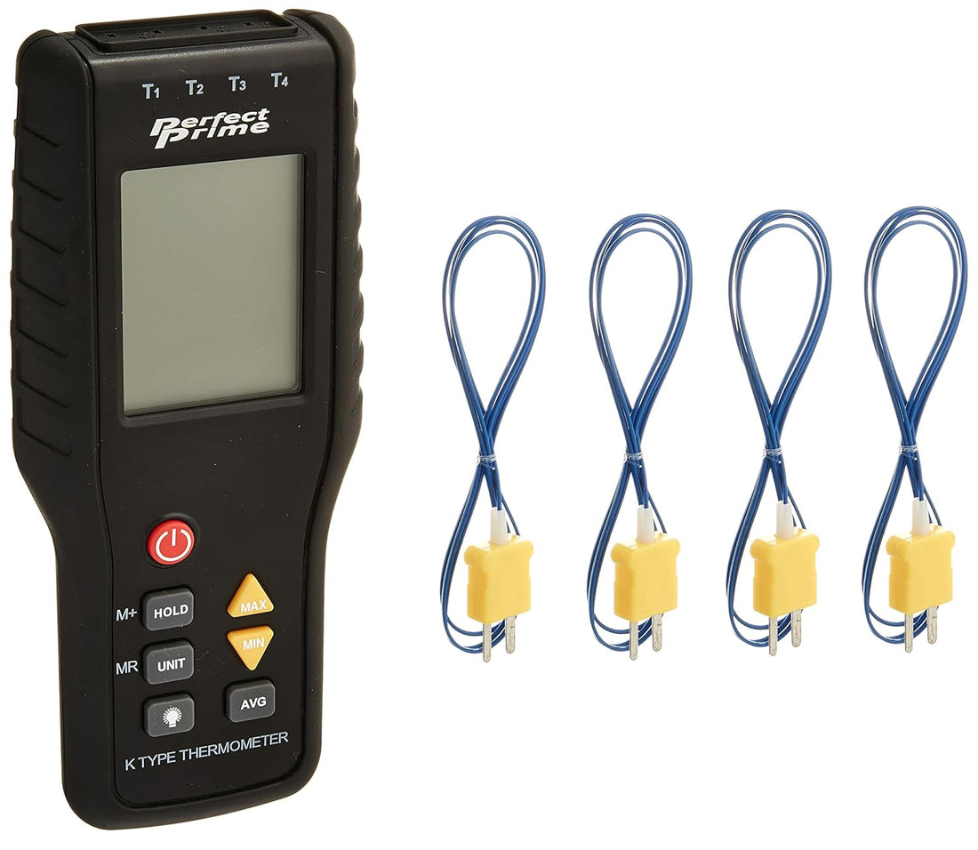 Perfect-Prime TC41, 4-Channel K-Type Digital Thermometer Thermocouple Sensor -200~1372°C/2501°F, 20 x 4 Data Log Storage Function