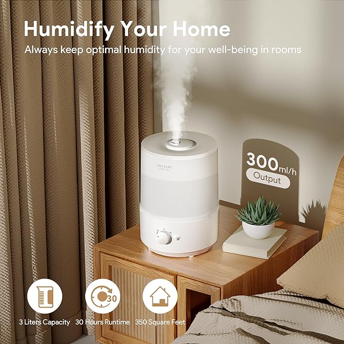 ASAKUKI Humidifiers for Bedroom Home, Top Fill 3L Ultrasonic Cool Mist Humidifier for Baby Nursery & Plants, 3-IN-1 Quiet Air Humidifier Oil Diffuser & Night Light with 360°Nozzle, Auto Shut-off, 30H