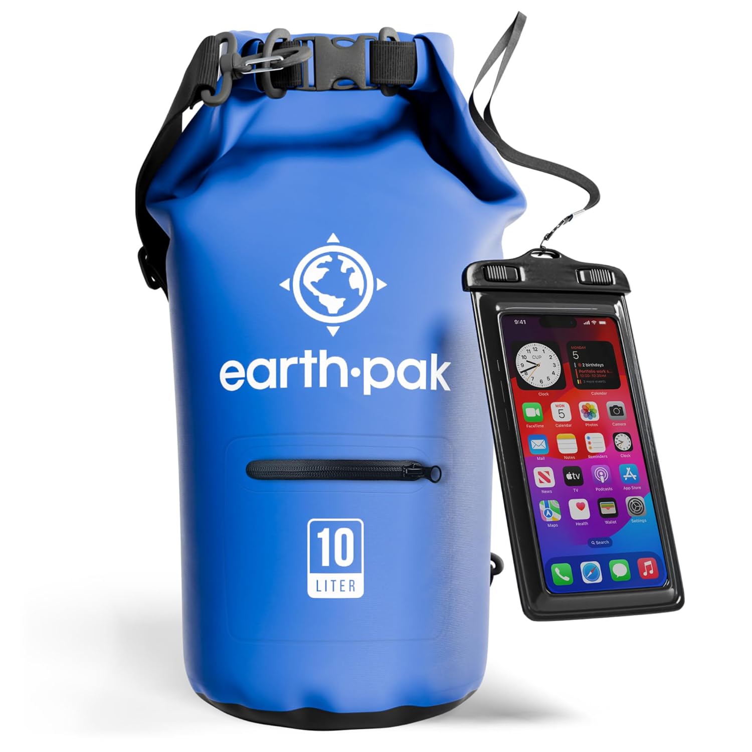 Earth Pak- Waterproof Dry Bag with Front Zippered Pocket Keeps Gear Dry for Kayaking, Beach, Rafting, Boating, Hiking, Camping and Fishing with Waterproof Phone Case