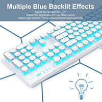 Typewriter Style Mechanical Gaming Keyboard, White Retro Punk Gaming Keyboard with Blue Backlit, 104 Keys Blue Switch Wired Cute Keyboard, Round Keycaps for Windows/Mac/PC