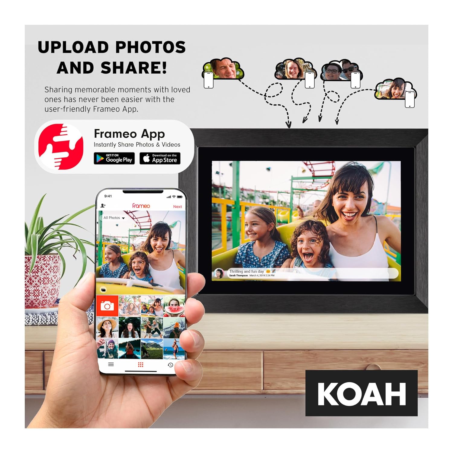 Koah Smart WiFi 10.1" Digital Photo Frame with FRAMEO 8GB Storage (Black Wood) Bundle with 32GB UHS-I microSDHC Memory Card with SD Adapter (2 Items)