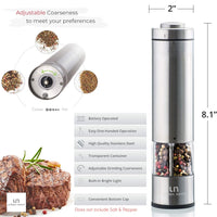 Electric Pepper Grinder or Salt Grinder - Battery Operated Stainless Steel Pepper Mill with Light - One Handed Operation - Adjustable Ceramic Grinder