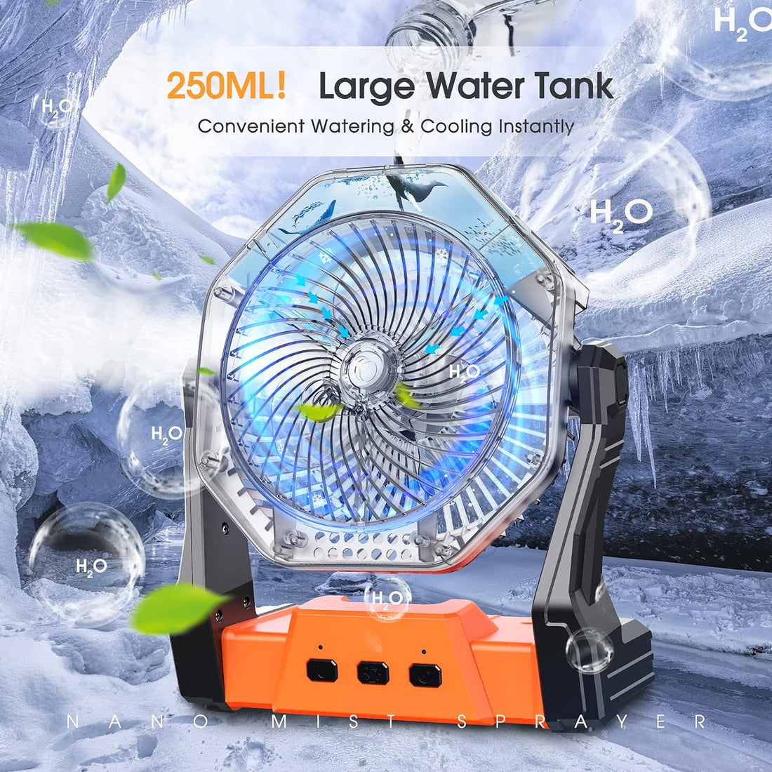 Ausic 2023 Updated Portable Camping Misting Fan Rechargeable,10400mAh Battery Operated Fan, Outdoor Fan with Light & Hook, Personal USB Desk Fan, for Bedroom, Table, Home, Office, Tent, Travel