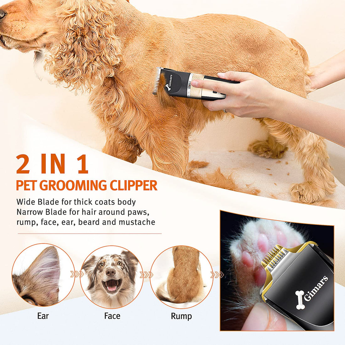 Gimars 2 in 1 Powerful 3.0 Motor Sharp 33 Teeth Blade Cordless Dog Shaver Clippers Low Noise, Rechargeable 3 Speed Dog Grooming Hair Clippers Kit with USB Electric for Small Large Dog, Cat Pet