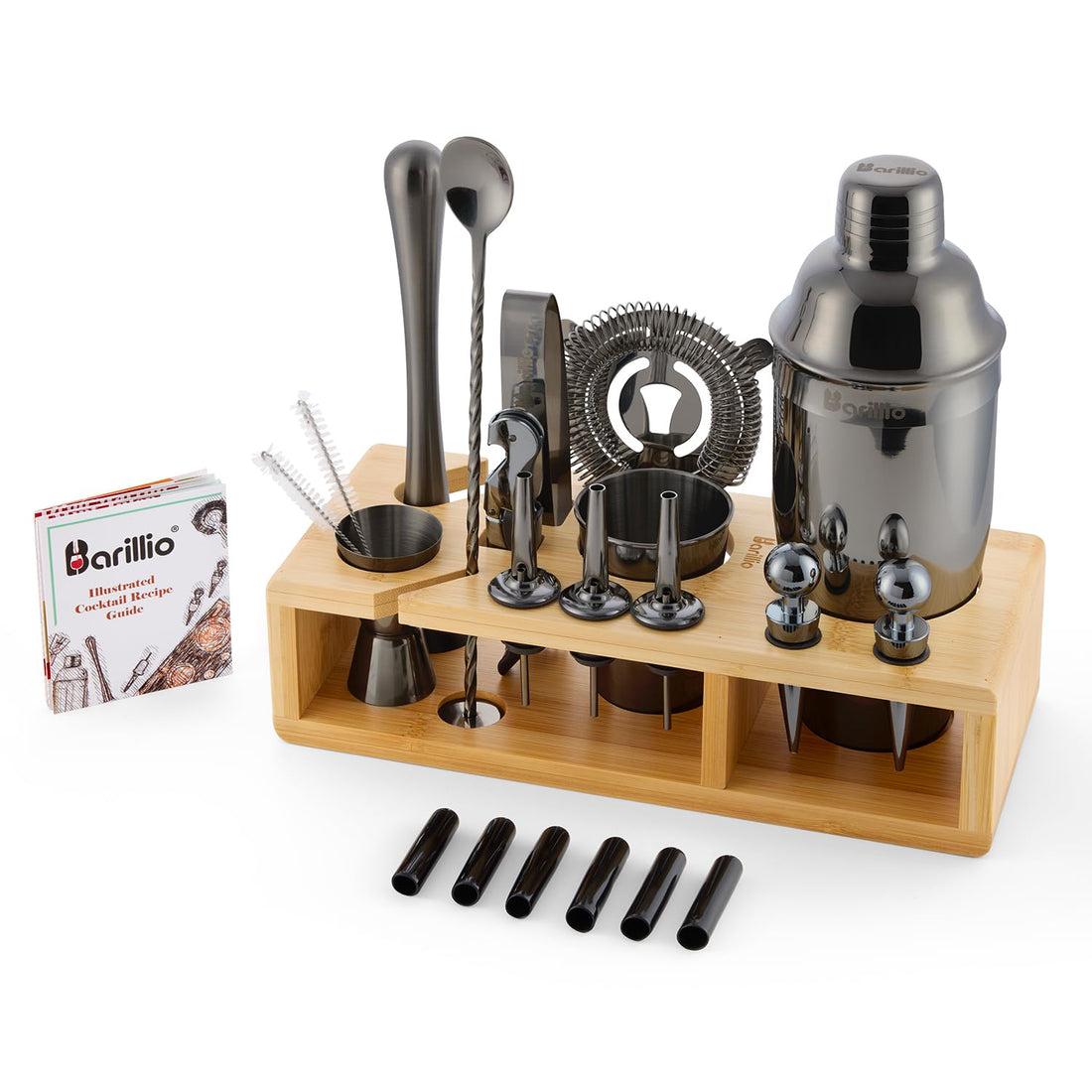 Black 23-Piece Bartender Kit Cocktail Shaker Set by BARILLIO: Stainless Steel Bar Tools With Sleek Bamboo Stand, Velvet Carry Bag & Recipes Booklet | Ultimate Drink Mixing Adventure