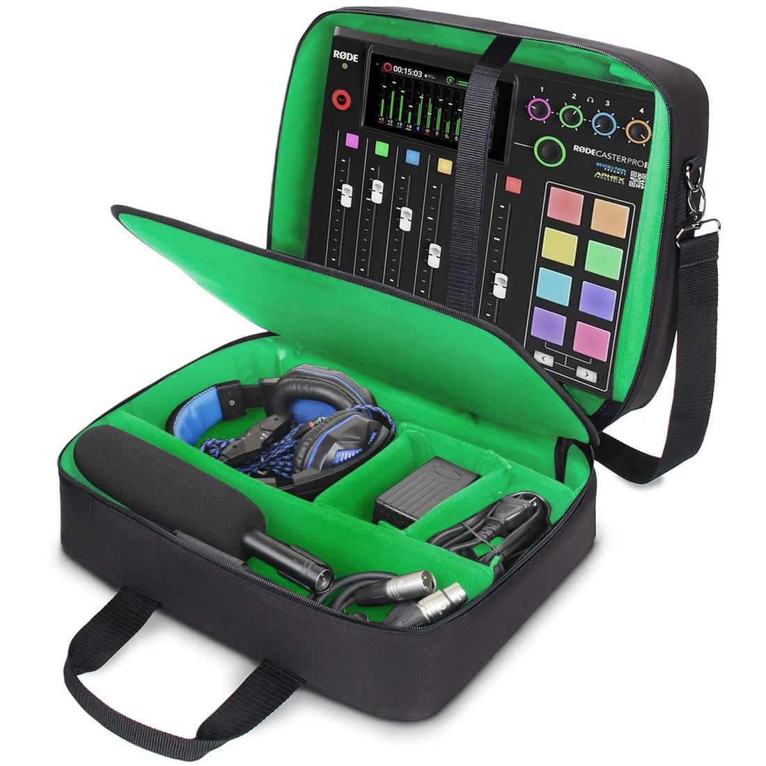 USA GEAR Audio Mixer Case - Podcast Mixer Travel Case with Scratch-Resistant Interior & Customizable Storage - Compatible with RODECaster Pro, RODECaster Pro II, Microphones and More Equipment (Green)