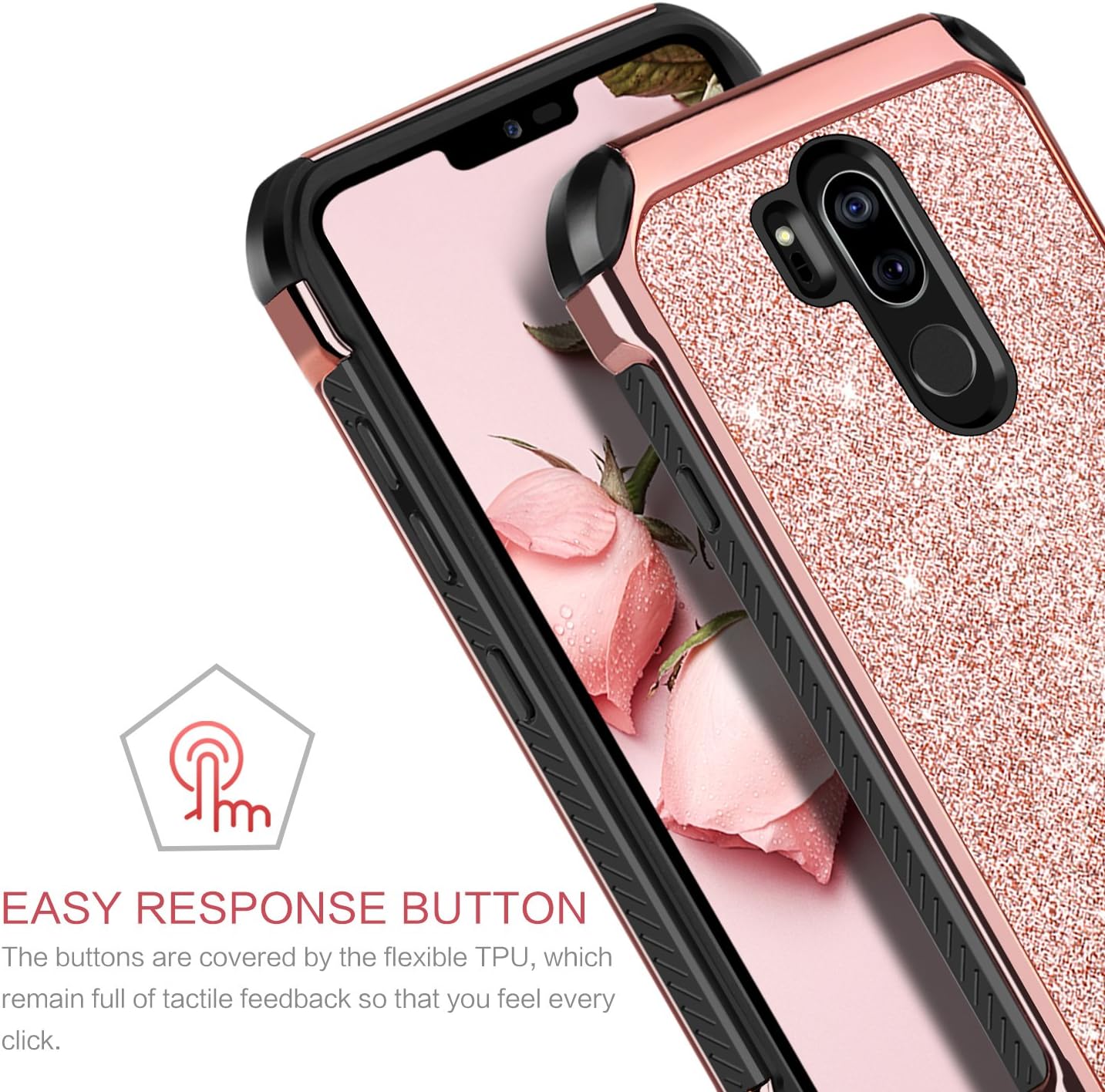 BENTOBEN Case for LG G7 ThinQ, Case for LG G7, Heavy Duty 2 in 1 Hybrid Hard PC Soft TPU Laminated Shiny Faux Leather Chrome Shockproof Cover Protective Phone Case for LG G7/LG G7 ThinQ, Rose Gold