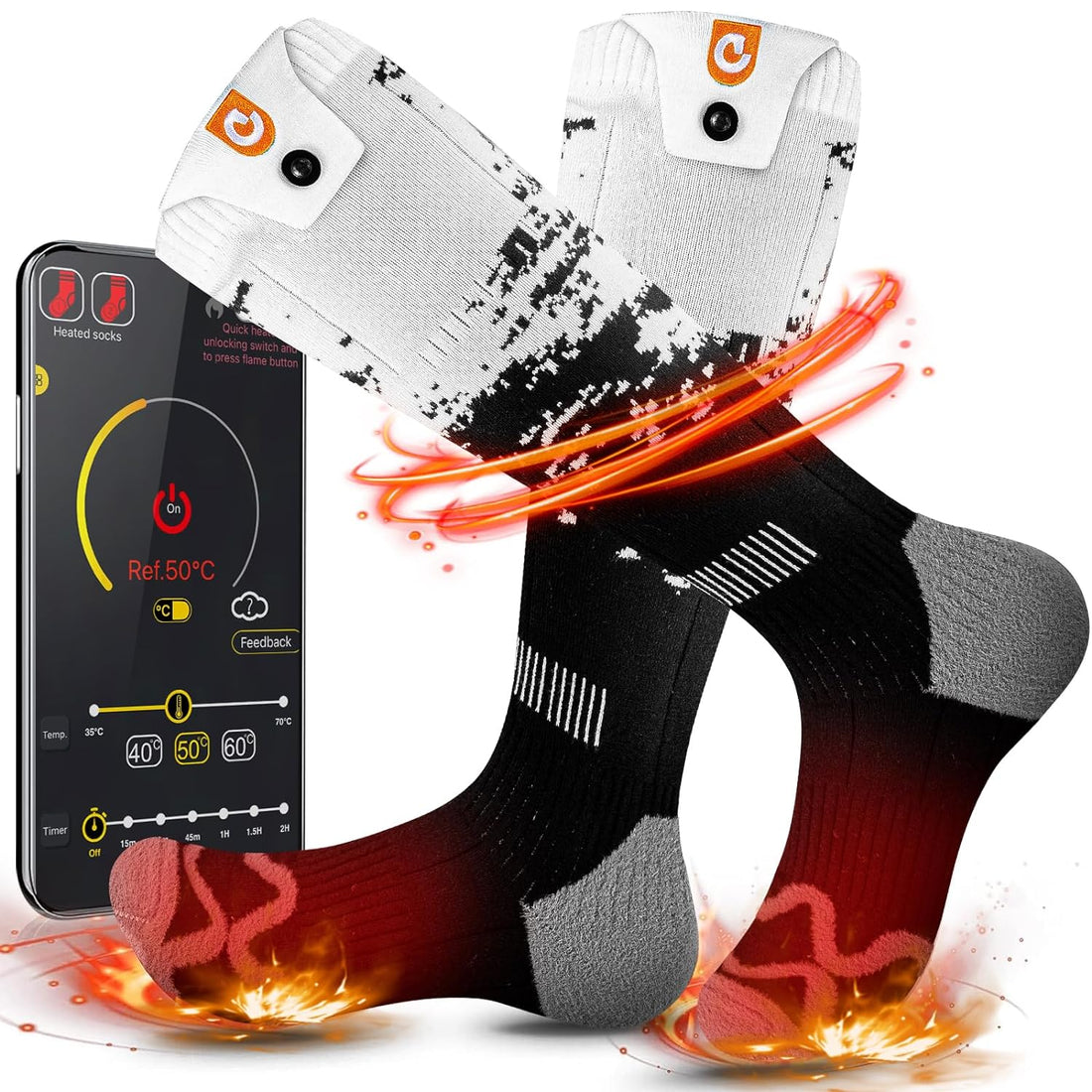 Heated Socks for Men Women, OIGOGOI APP Control Battery Heated Socks Rechargeable Washable, Electric Socks Foot Warmer for Hiking Biking Camping Skiing Hunting Outdoor Work (Black)