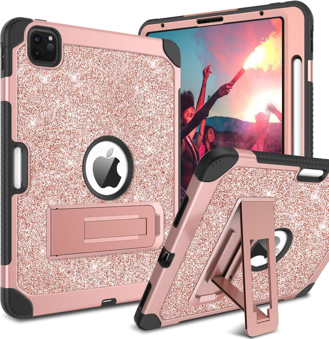 BENTOBEN iPad Air 5th/4th Generation Case, iPad Pro 11 Case, Glitter Sparkly 3 Layer Heavy Duty Shockproof Kickstand Faux Leather with Pencil Holder Protective Tablet Case Cover, Rose Gold