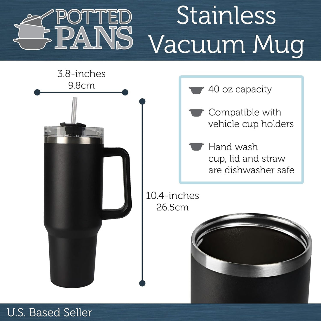 Potted Pans Insulated Tumbler with Handle - 40oz Stainless Steel Travel Tumbler with Straw and Lid - Vacuum Insulated Coffee Mug for Hot or Cold - Thermal Travel Cup for Coffee, Water, or Tea