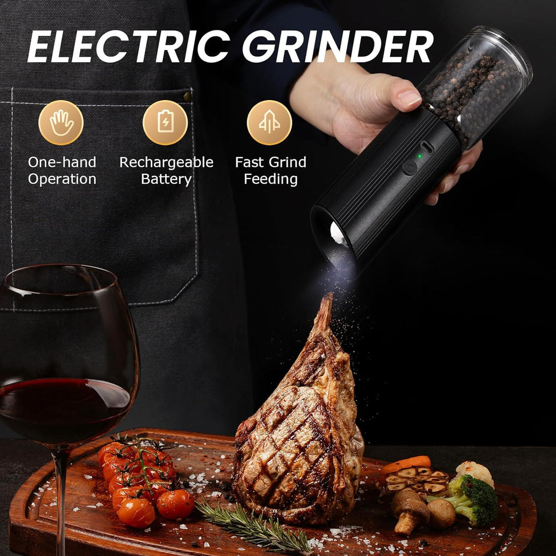 VEVOK CHEF Rechargeable Electric Salt and Pepper Grinder Set USB Black