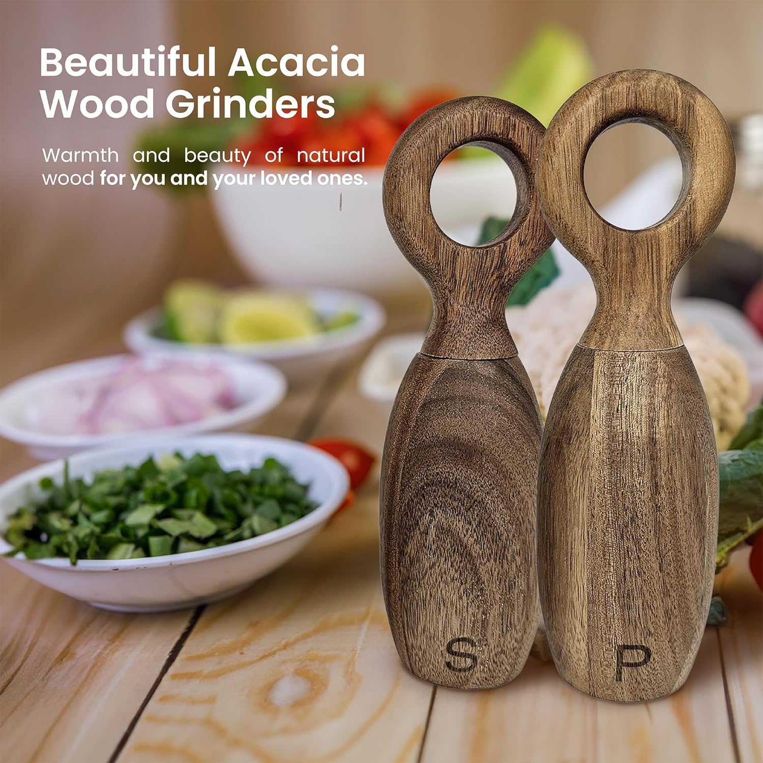 Kindled Ivy Wooden Pepper Grinder & Salt Grinder Shaker Set - Beautiful Natural Wood, Adjustable Ceramic & Non-Eroding Grinders, Ring Top Shape 8x2.5", Refillable, Beautiful Gift Box (Acacia Wood)