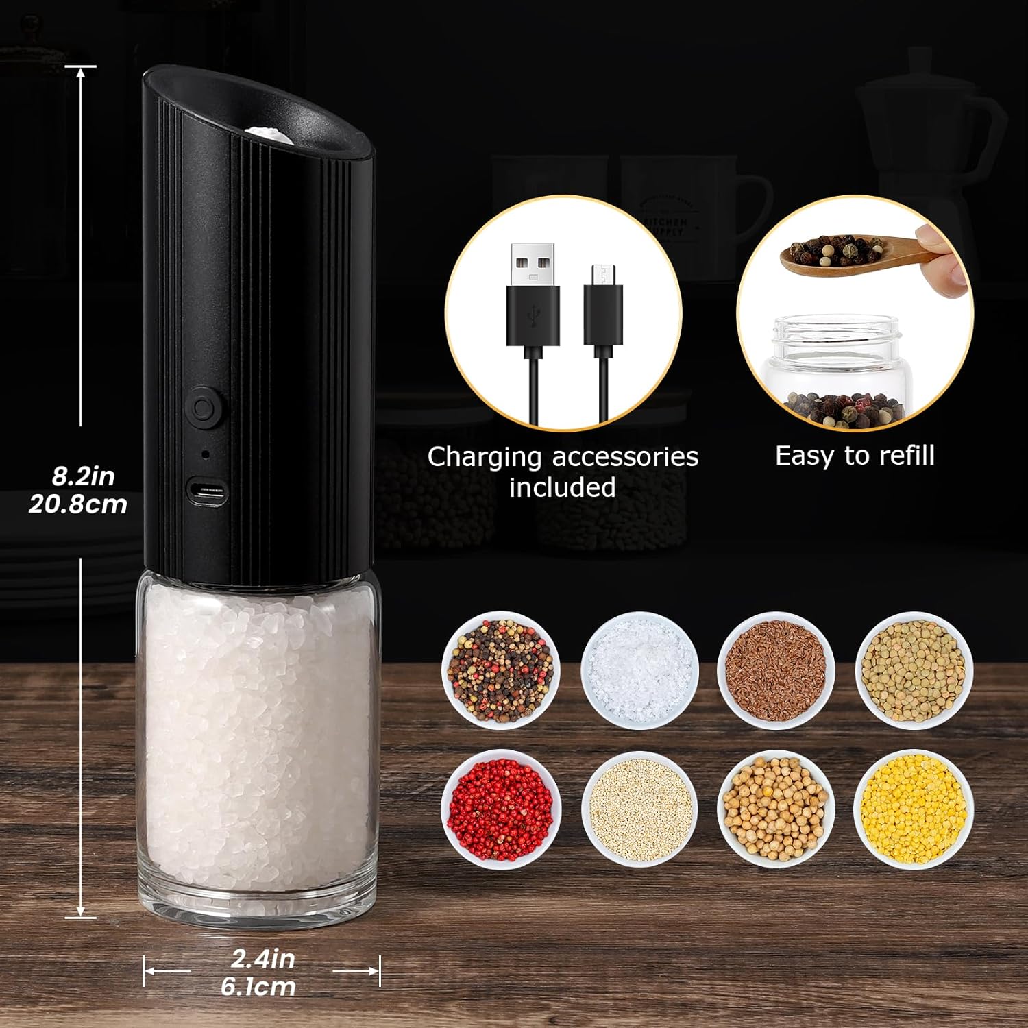 VEVOK CHEF Rechargeable Electric Salt and Pepper Grinder Set USB Black