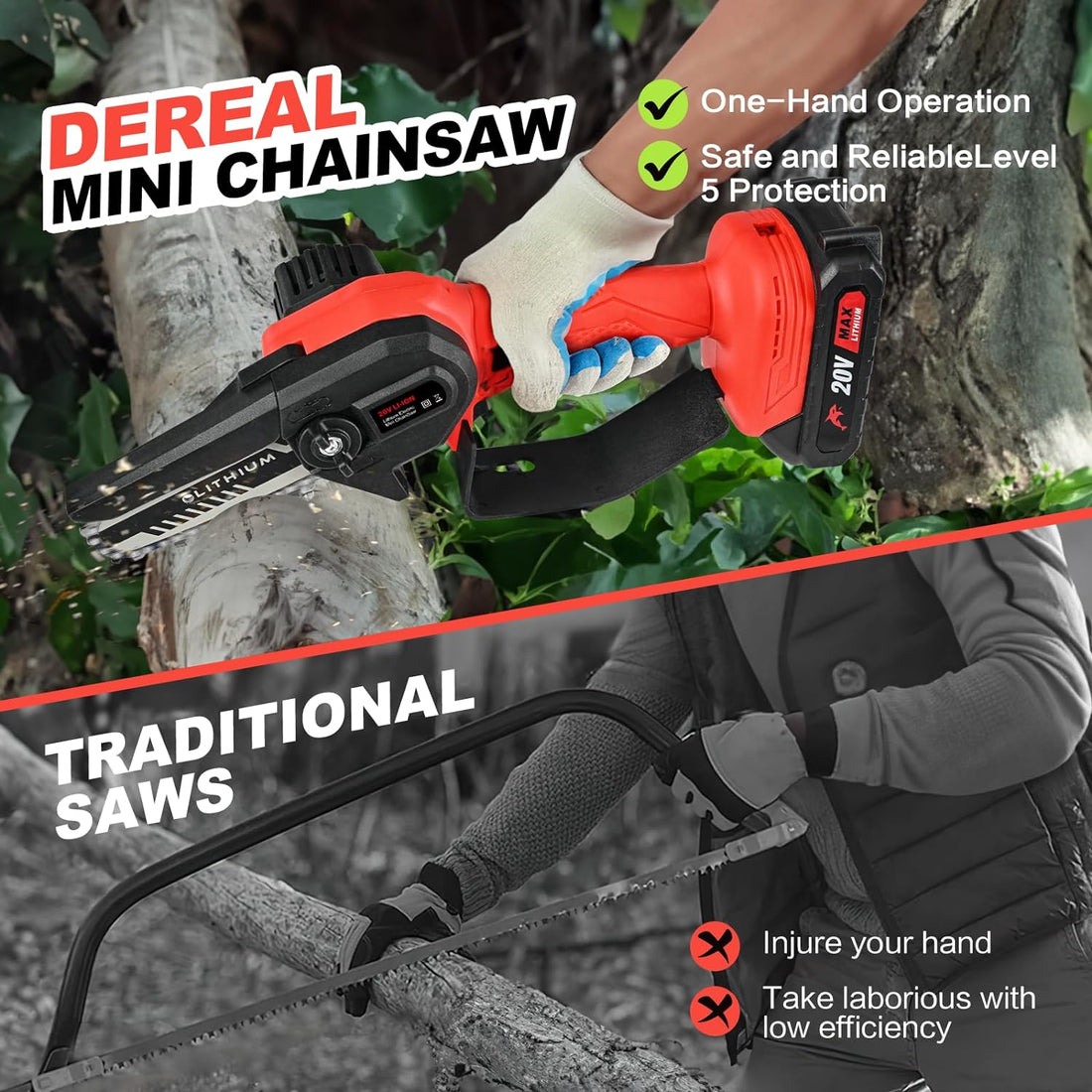 Mini Chainsaw Cordless, DEREAL 4-Inch Mini Chain Saw Battery Powered,Portable Small Electric Power Chainsaw for Wood Cutting, Courtyard,Tree Trimming, Household, and Garden