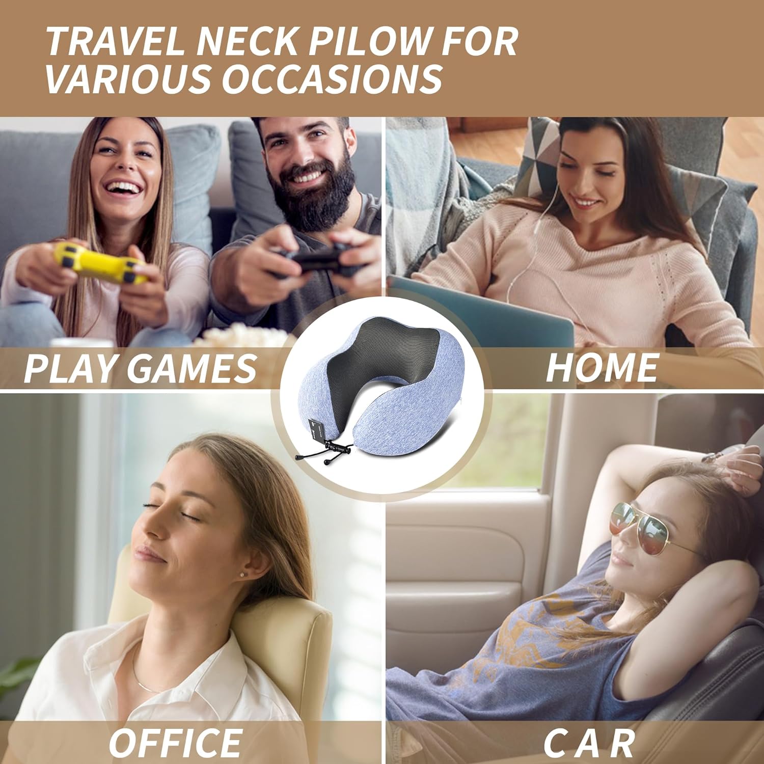 BIGTONE Travel Pillow 100% Pure Memory Foam Neck Pillow, Comfortable & Breathable Cover, Machine Washable, Airplane Travel Kit with 3D Contoured Eye Masks, Earplugs, and Luxury Bag, Standard (Blue)