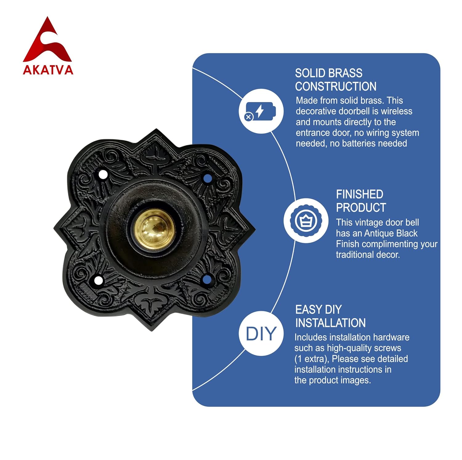 Akatva Decorative Doorbell Button – Finest Quality Bell Push Button – Easy to Install Calling Bell Button – Vintage Décor Doorbell Button Finely Hand Crafted - doorbell Wired - Antique Black Finish