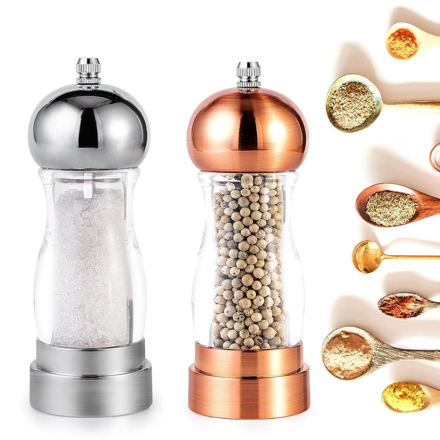 Salt and Pepper Grinder, Refillable Acrylic Pepper Mill Gift Set adjustable to ceramic core and roughness,Suitable for a Variety of Spices-6 inches-Pack of 2