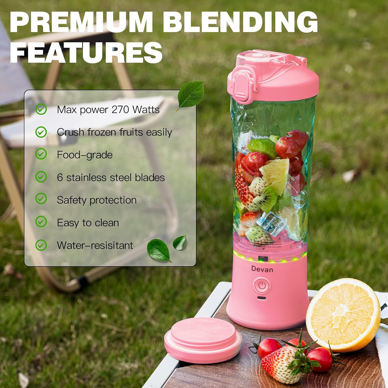 Portable Blender,270 Watt for Shakes and Smoothies Waterproof Blender USB Rechargeable with 20 oz BPA Free Blender Cups with Travel Lid