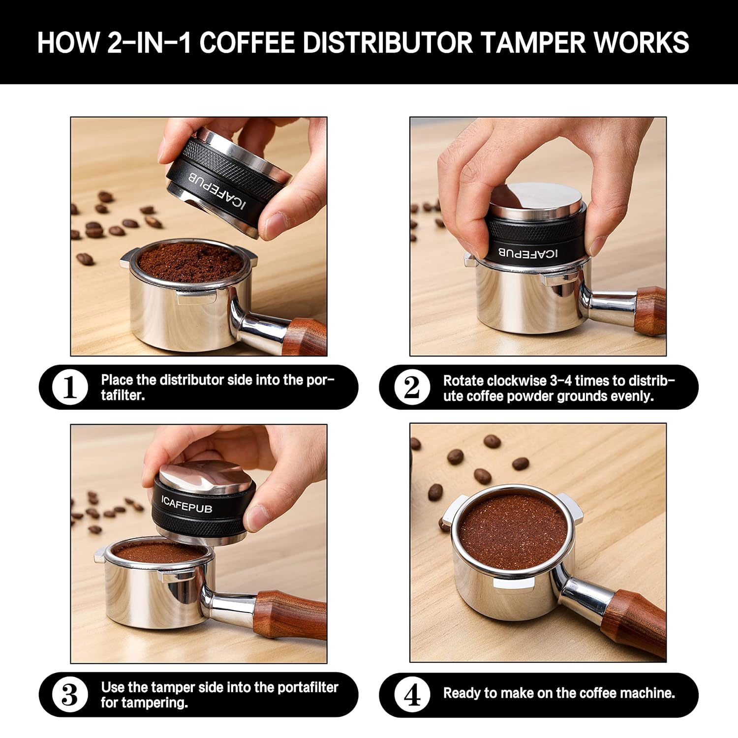 53mm Coffee Distributor & Tamper, Espresso Distribution Tool, Barista Hand Tampers, WDT Tools Coffee Leveler Fits 54mm Breville Portafilters, Dual-Sides, Adjustable Depth