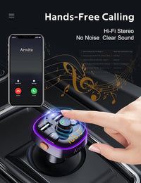 Arsvita Bluetooth Car FM Transmitter, Wireless Audio Adapter Receiver, Support Siri/Google Voice Wake-up, Color Light, with QC3.0 Quick Charge Dual USB Ports and Support TF Card