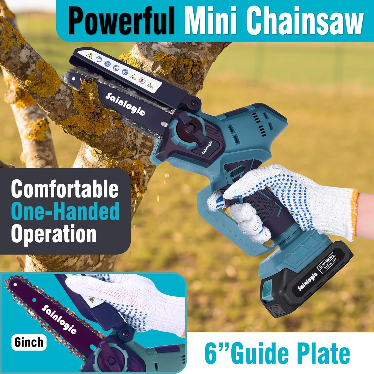 sainlogic Mini Chainsaw Cordless 6 Inch with 2 Batteries, Electric Handheld Chainsaw with Safety Lock, Portable Mini Chainsaw Battery for Garden Work and Tree Pruning