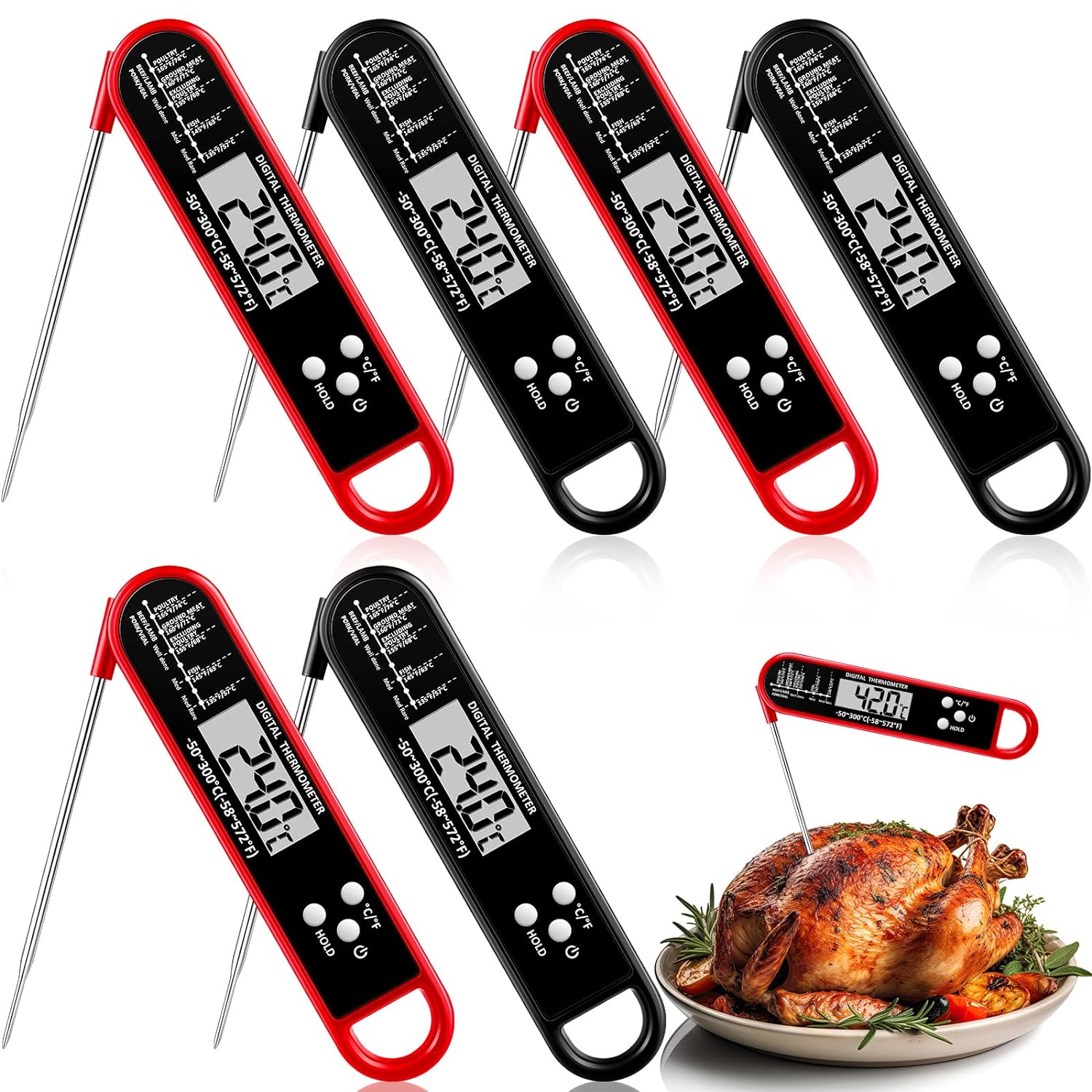 Xuhal 6 Pieces Digital Food Thermometer Instant Read Meat Kitchen Thermometer for Grill Cooking BBQ Waterproof Fast Cooking Thermometer with Foldable Long Probe Magnet Calibration Turkey Outdoor Fry