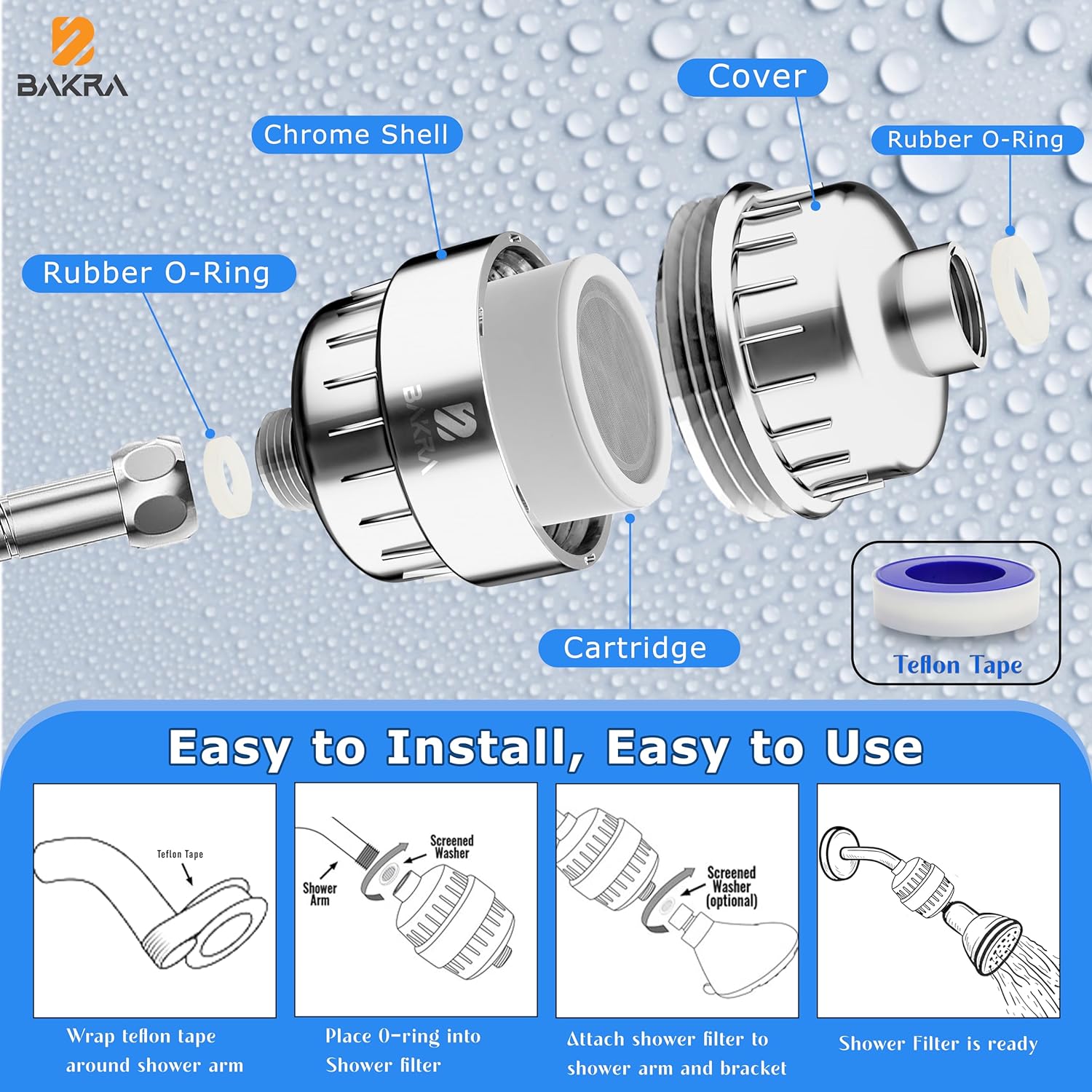 BAKRA Shower Filter Removes Chlorine and Fluoride - Softens Shower Water for heathy Refreshing Bath; Reduces Dry Itchy Skin, Dandruff - improves hair growth, Filter Cartridge, Chrome (BF-2000)