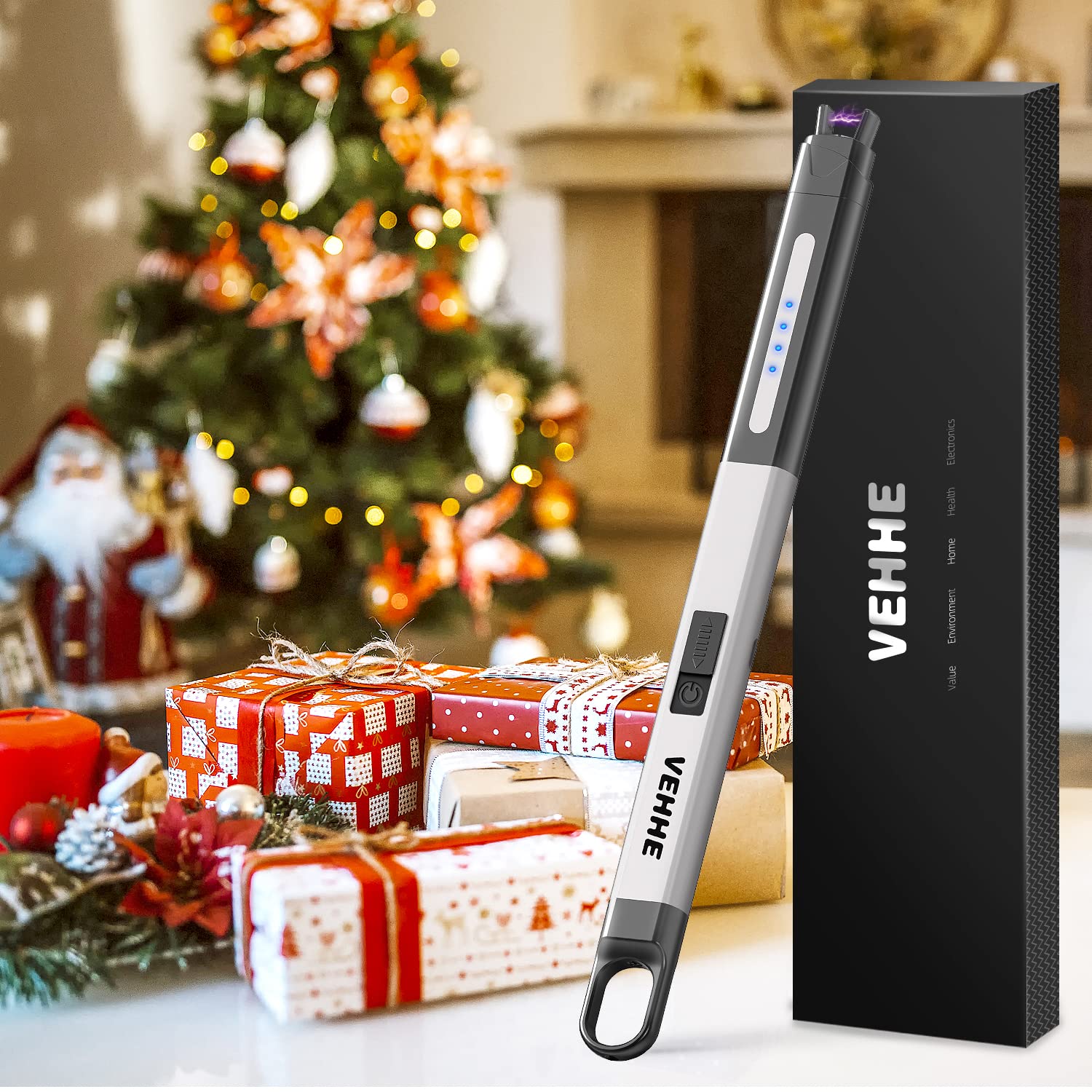 VEHHE Lighter, Electric Lighter, Candle Lighter USB Rechargeable, Electronic Lighter with Safety Switch and Hanging Hook for Candle BBQ Grill Firework|Silver