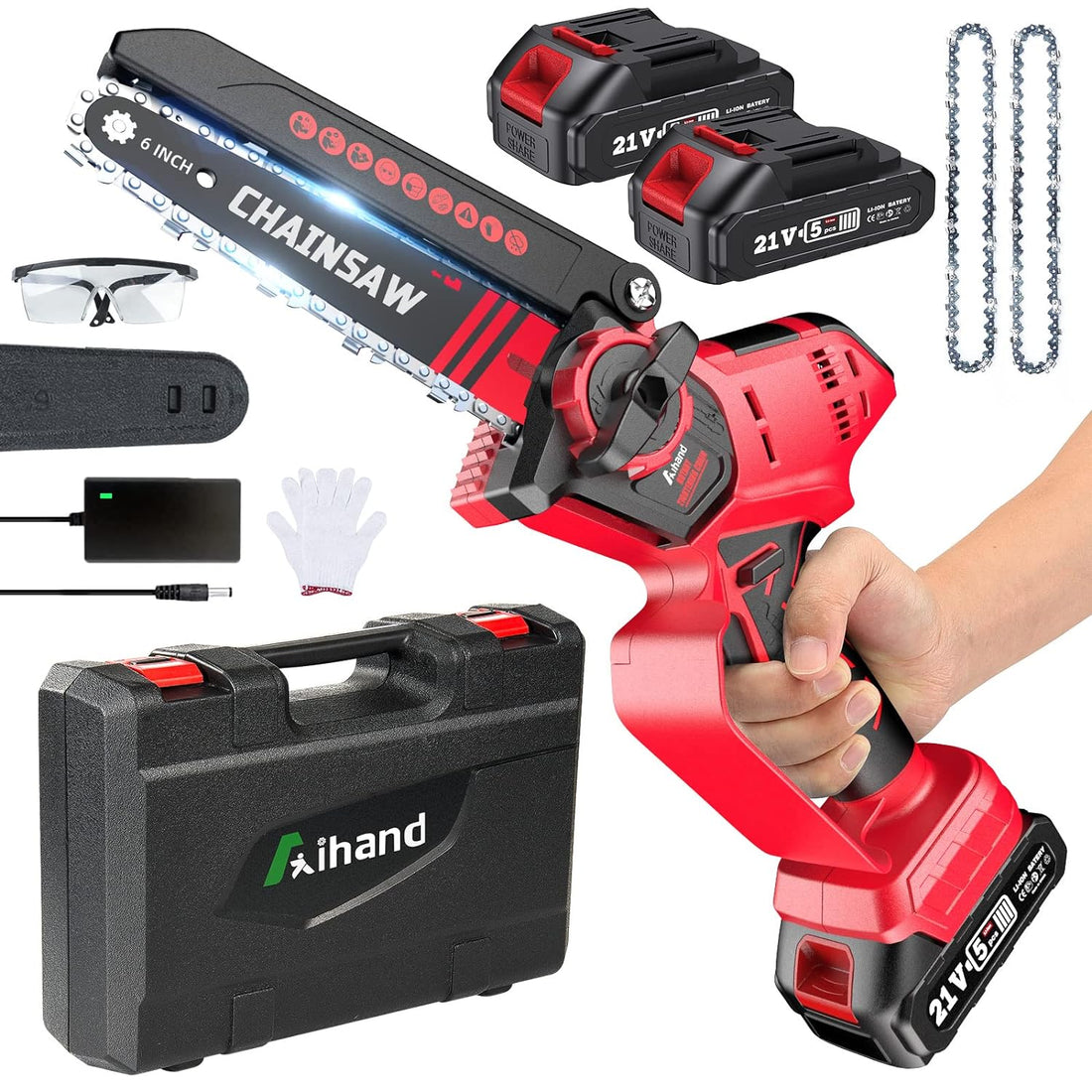 Aihand 6 Inch Mini Chainsaw With 2 Battery, Adjust Tension Cordlss Chainsaw with Chain