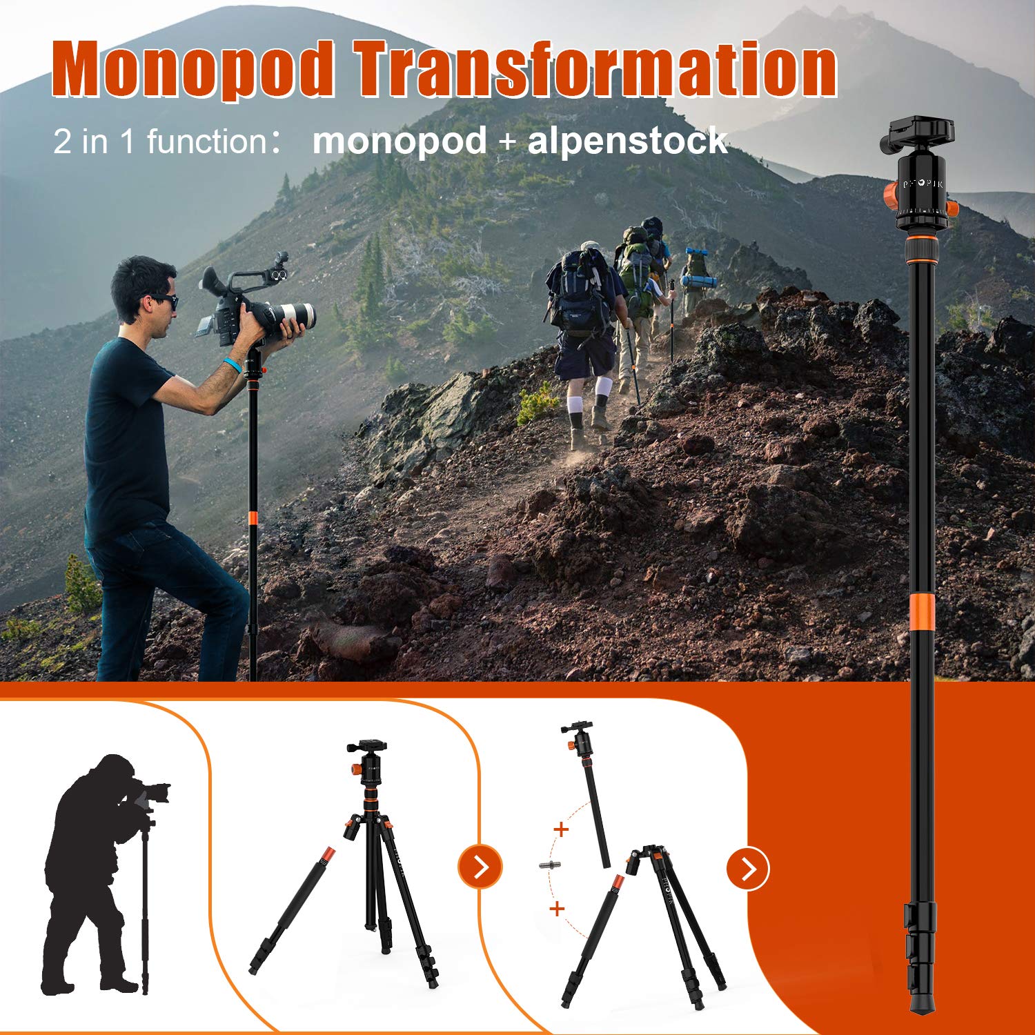 PHOPIK 77 Inches Tripod, Lightweight Aluminum Camera Tripod for DSLR, Photography Tripod with 360 Degree Ball Head 1/4" Aluminum Quick Release Plate Professional Tripod Load up to 17.6 Pounds
