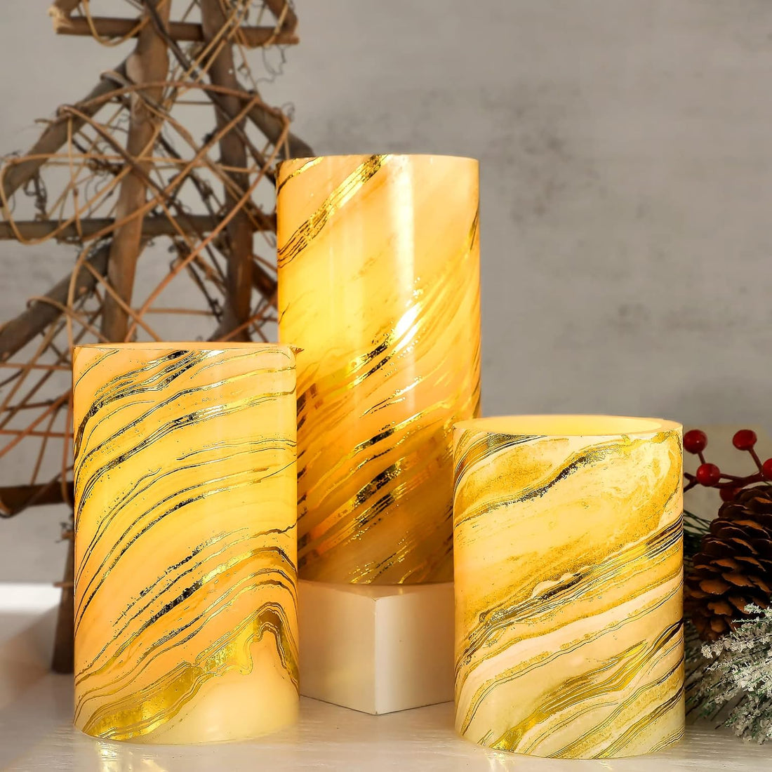 SILVERSTRO Set of 3, Bronzing Gold Marble Decal Flameless Candles with Remote, Real Wax Modern Theme Flickering LED Candles, Battery Operated Candles for Christmas Bedroom Party Decor