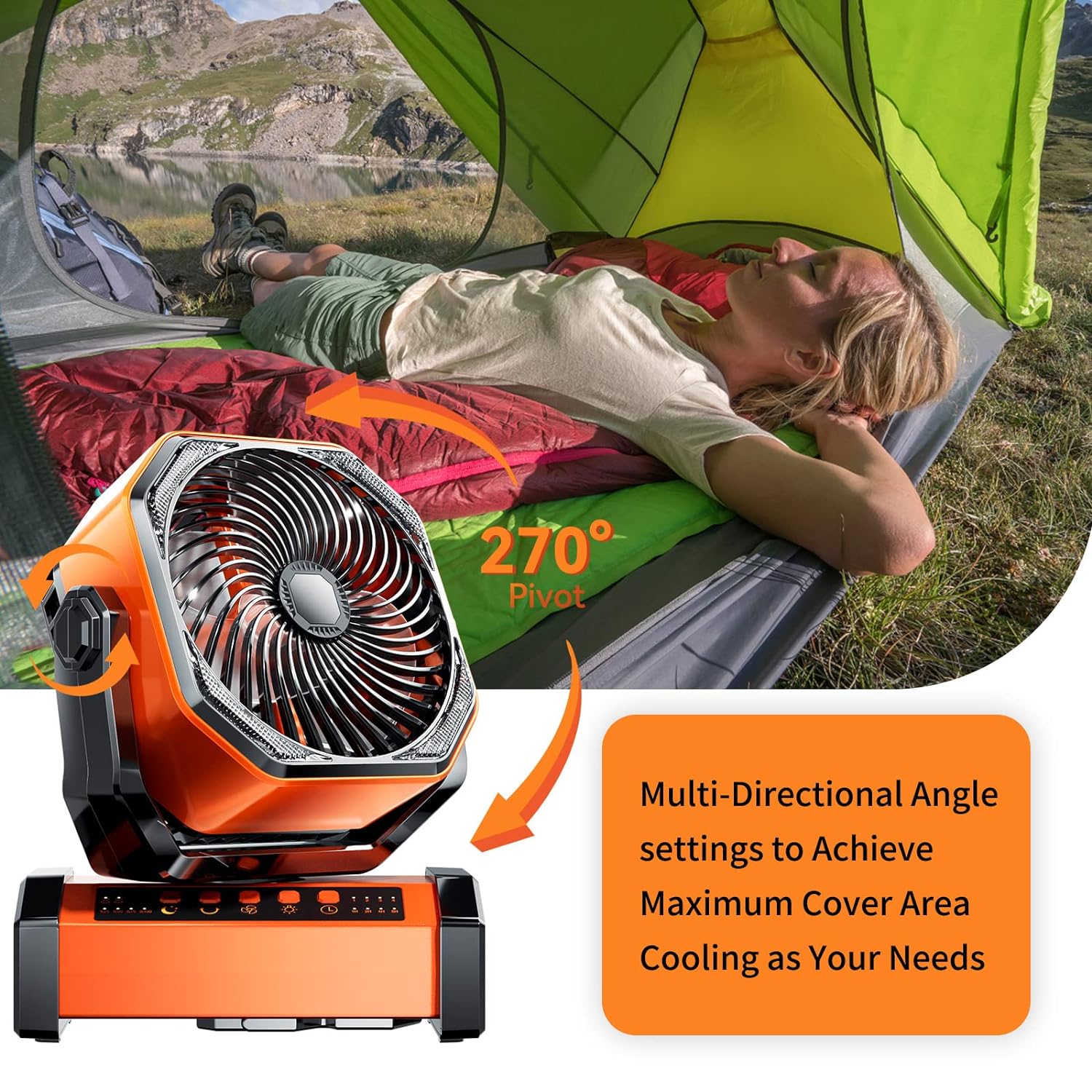 Camping LED Fan with Light, 20000mAh Rechargeable Battery Powered Outdoor Tent Fan with Light and Hook, 4 Speed, Personal USB Desk Fan for Camping, Fishing, Power Outage,Hurricane, Worksite