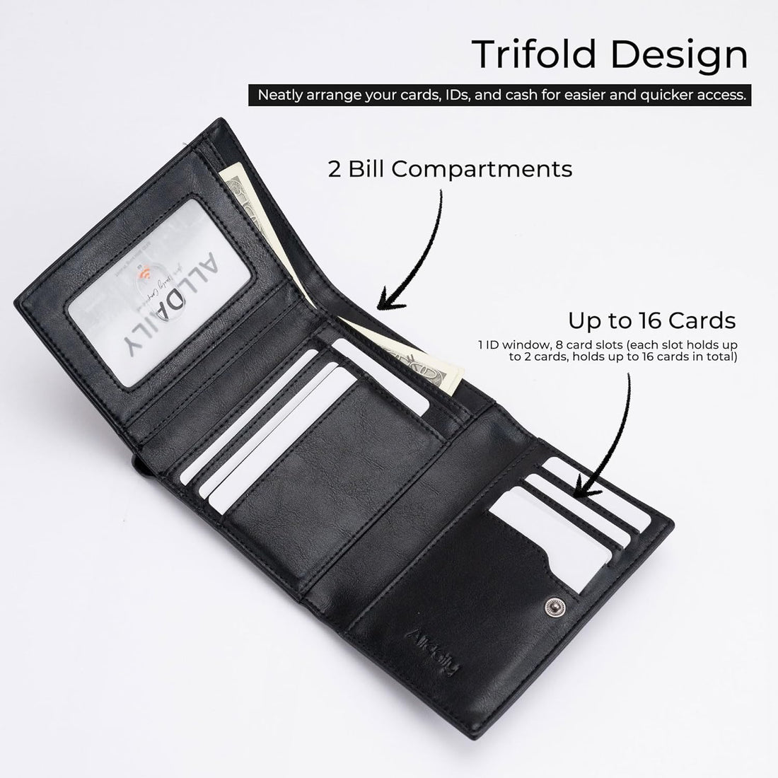 Alldaily Trifold Small RFID Blocking Wallet Slim Credit Card Wallet with with Zipper Pocket, Black