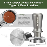 IKAPE 58mm Espresso Tamper, Premium Barista Coffee Tamper with Calibrated Spring Loaded, 100% Stainless Steel Base Tamper Compatible with Espresso Machine Rancilio, Gaggia Bottomless Portafilter