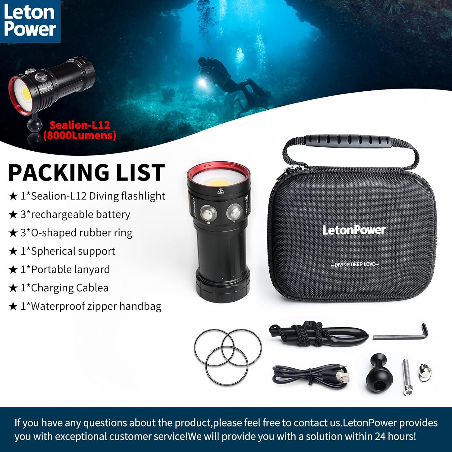 Diving Flashlight: L12 8000Lumens Dive Light – Back View