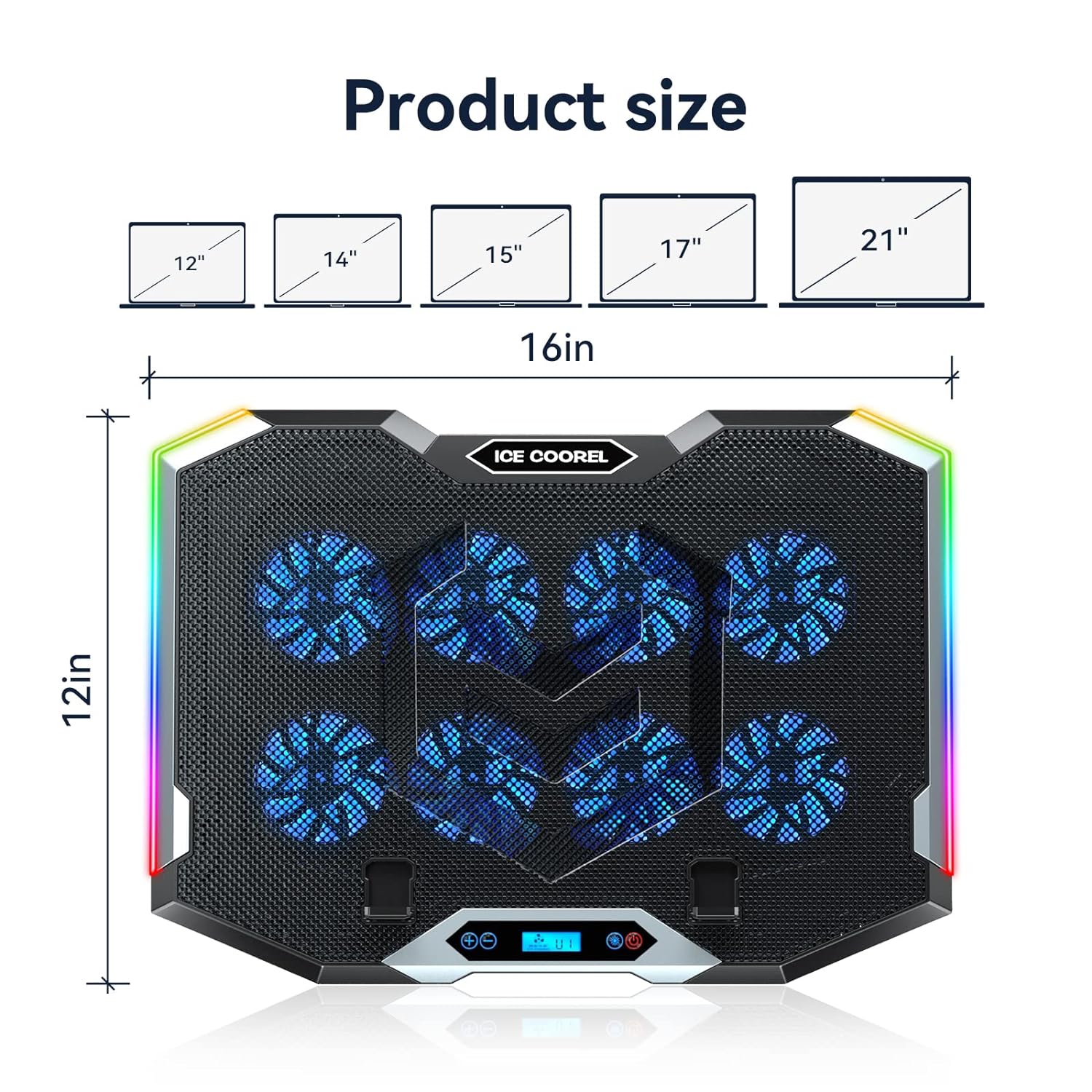 ICE COOREL Gaming Laptop Cooling Pad with 8 Cooling Fans, Laptop Cooler Stand with 6 Height Adjustable, RGB Cooling Pad 15-17.3 Inch for Laptop with Two USB Port + Phone Stand