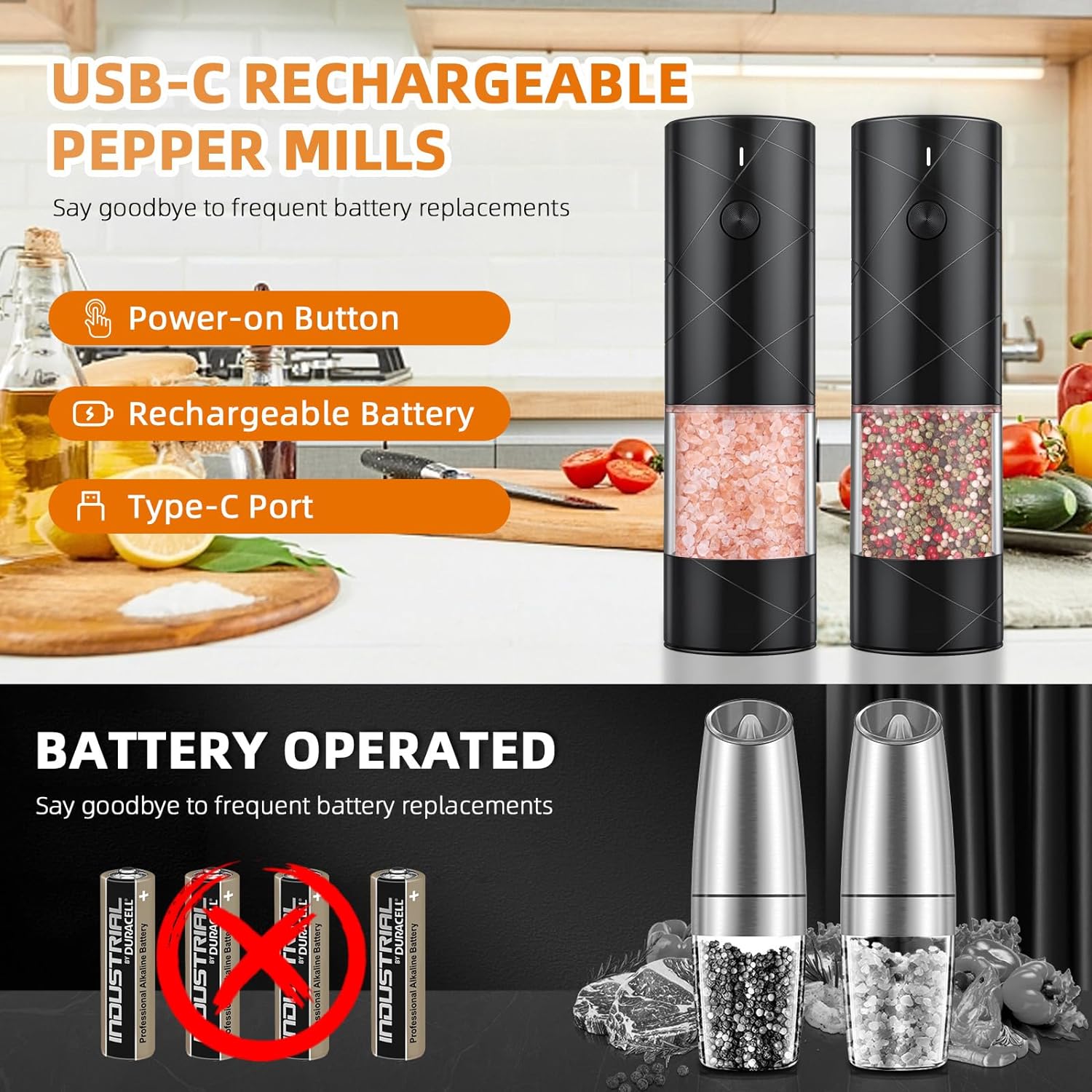 2 Pack Electric Salt and Pepper Grinder Set, Hamacro USB Rechargeable Pepper Grinder Mill with LED Light, Adjustable Coarseness Large Capacity Automatic Pepper Mills Salt Grinders for Kitchen