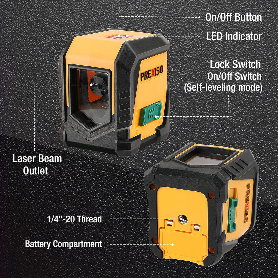 PREXISO Laser Level Self Leveling 65FT/20M Cross Line Laser Green Beam with Rotating Bracket, LED Indicator