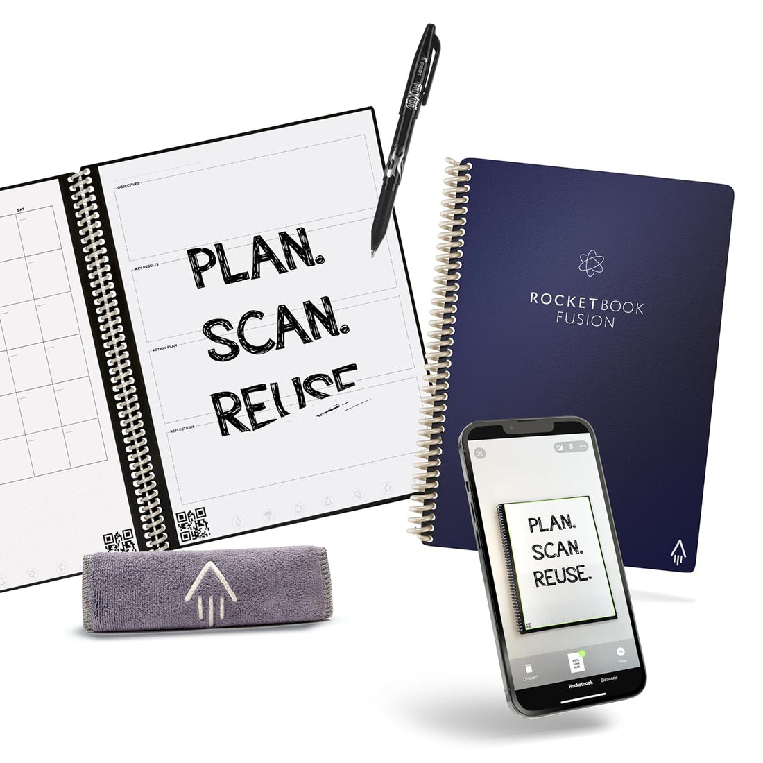 Rocketbook Fusion Smart Reusable Notebook - Calendar, To-Do Lists, and Note Template Pages with 1 Pilot Frixion Pen & 1 Microfiber Cloth Included - Midnight Blue Cover, Executive Size (6" x 8.8")