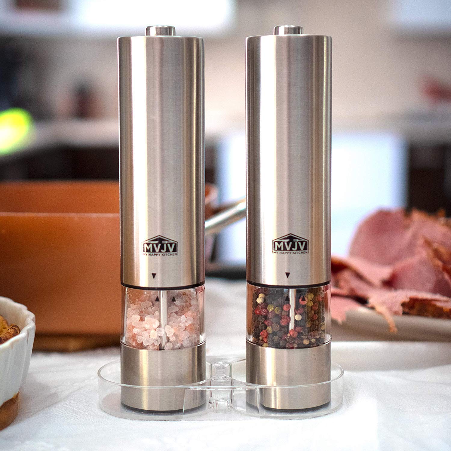 Electric Battery Operated Automatic Salt and Pepper Grinder Set - Stainless Steel and Acrylic Body | Tray Stand - Funnel - Mill Lids | LED Light | Adjustable Coarseness Ceramic Mill Shaker (2-Pack)